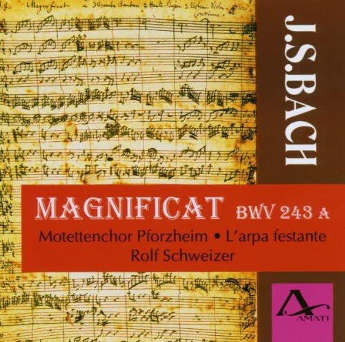CD cover for Bach’s Magnificat BWV 243a with musical score background.