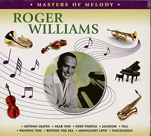 Roger Williams CD cover with portrait, instruments, and musical notes.