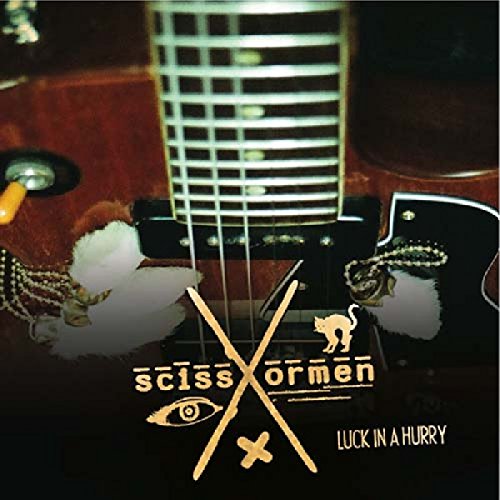 CD cover for Scissormen’s “Luck in a Hurry” featuring a guitar and cat.