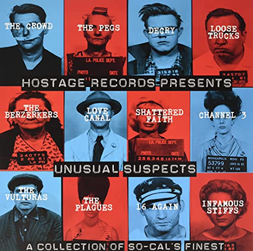 Compilation album cover featuring twelve mugshot-style portraits in red and blue.