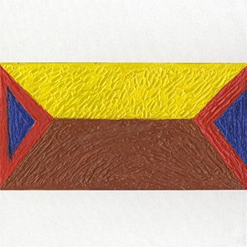 Abstract painting with red, yellow, brown, and blue geometric shapes.