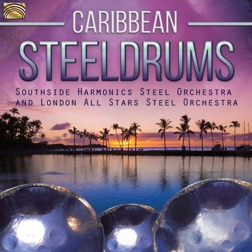 CD cover with steel drums, palm trees, and a sunset reflection.