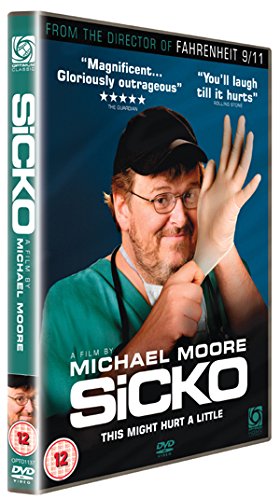 DVD cover for “Sicko” featuring Michael Moore in scrubs and a surgical cap.