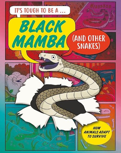 Book cover featuring a cartoon black mamba snake bursting through paper.