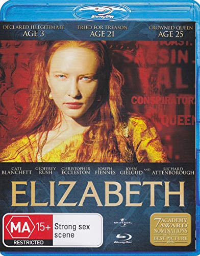 Blu-ray cover for “Elizabeth” featuring Cate Blanchett in regal attire.