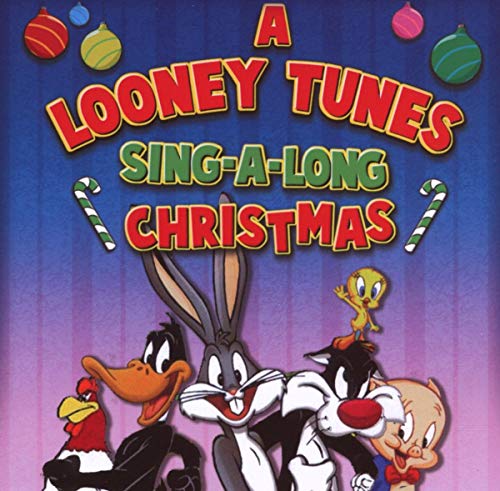 Looney Tunes characters Bugs Bunny, Daffy Duck, and Tweety in a Christmas scene.