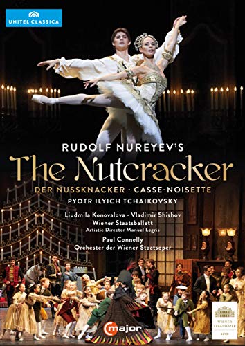 DVD cover for Tchaikovsky’s “The Nutcracker” ballet featuring dancers in costume.