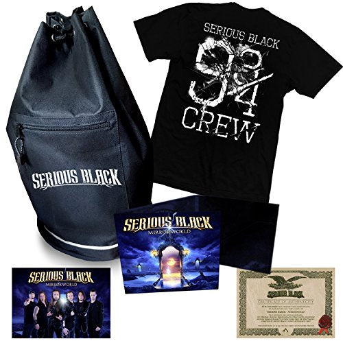 CD, t-shirt, drawstring bag, and certificate with "Serious Black" branding.