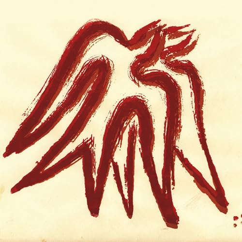 Abstract dark red brushstroke design resembling a bird on a cream background.