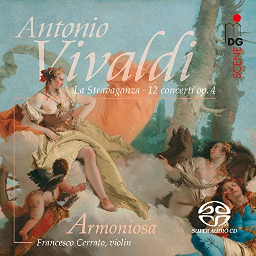 CD cover: classical painting of figures with musical notation, Vivaldi's "La Stravaganza".
