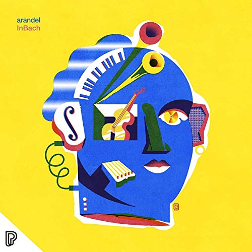 Blue face portrait with musical instruments and abstract geometric shapes.