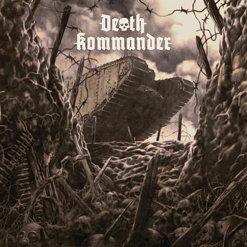 World War I tank amidst trenches, skulls, and barbed wire.
