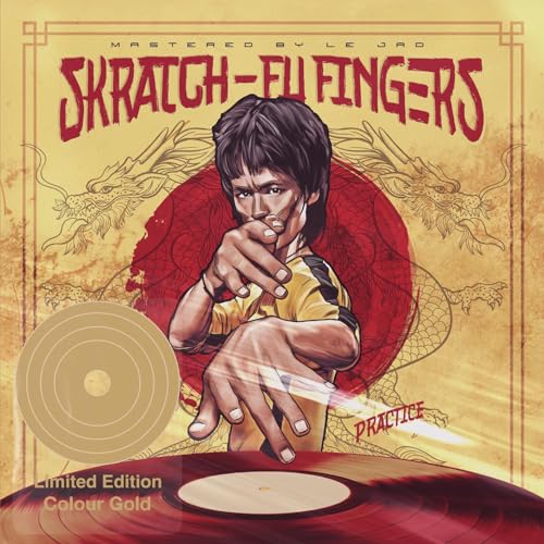 Vinyl record cover featuring Bruce Lee illustration with dragons and turntables.
