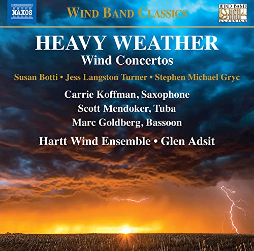 CD cover for "Heavy Weather" wind concertos with stormy sky image.