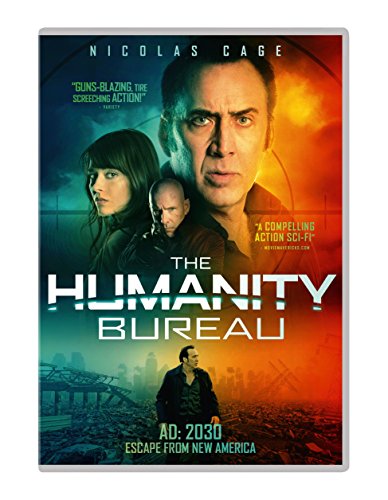DVD cover for "The Humanity Bureau" featuring Nicolas Cage and a dystopian cityscape.