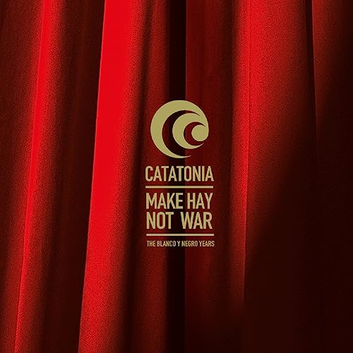 Red draped fabric background with gold circular design and band name "Catatonia".