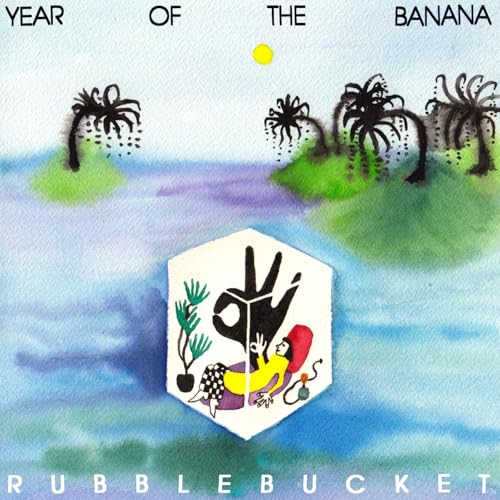 Rubblebucket album cover: painted tropical scene with a hand symbol.