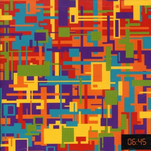 Abstract geometric pattern in vibrant yellow, purple, red, and blue.