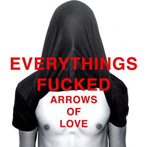 Person with face obscured, red text "EVERYTHINGS FUCKED ARROWS OF LOVE" on back.