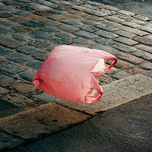 Pink plastic bag caught on cobblestone street, album cover art.