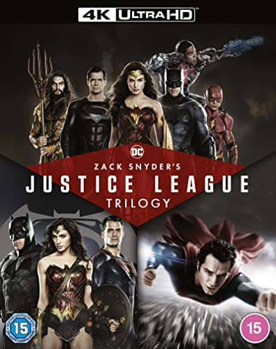 Blu-ray cover art for Zack Snyder's Justice League Trilogy featuring DC superheroes.