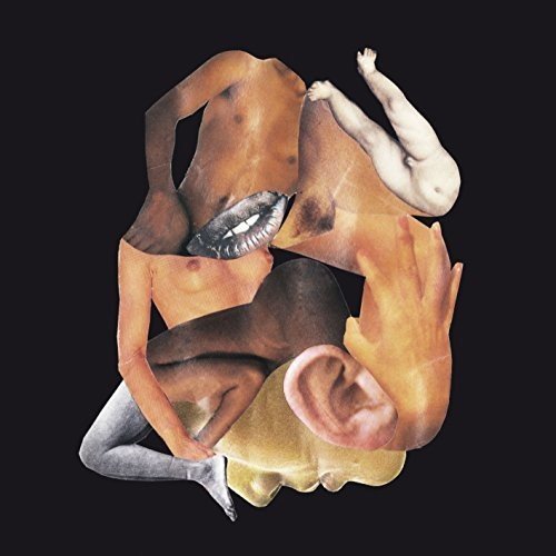 Collage of fragmented human body parts against a black background.