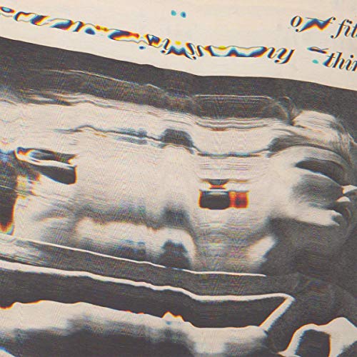Distorted black and white portrait with red and blue glitch effects.