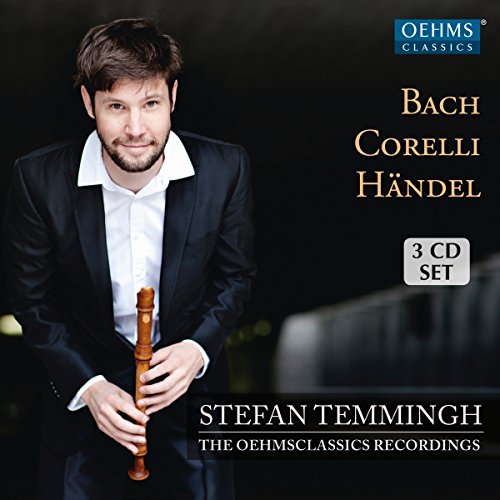 Stefan Temmingh holding a recorder, album cover for classical composersā recordings.