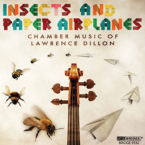 CD cover with insects, paper airplanes, and a violin scroll.