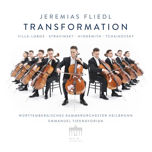 Cellists in suits playing instruments, album cover for “Transformation.”