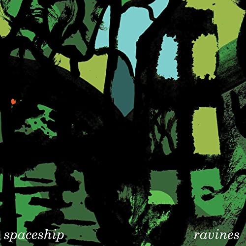 Abstract album cover with dark shapes, green and blue hues, and text.