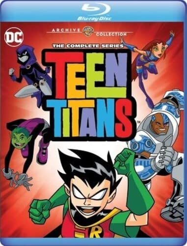 Blu-ray cover for "Teen Titans" featuring the five main characters.