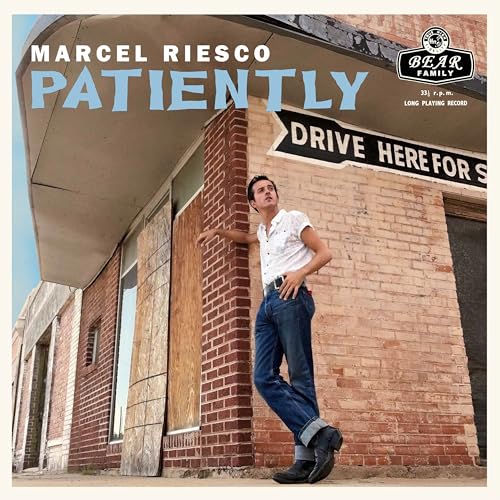 Album cover for Marcel Riesco’s “Patiently” featuring a man leaning against a building.