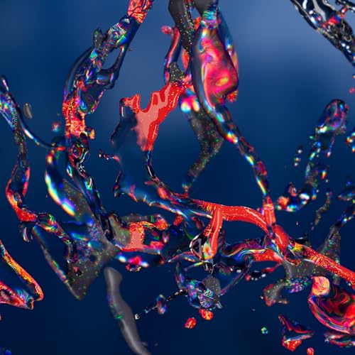 Abstract swirling shapes in red, blue, and black against a dark background.