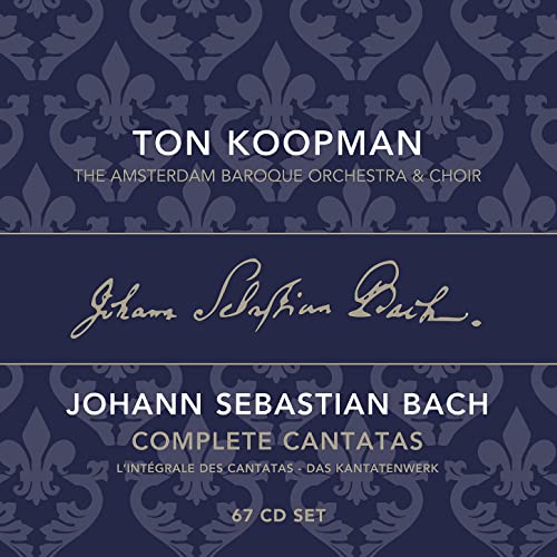 CD cover for Ton Koopman’s Bach cantatas, dark blue with floral patterns.