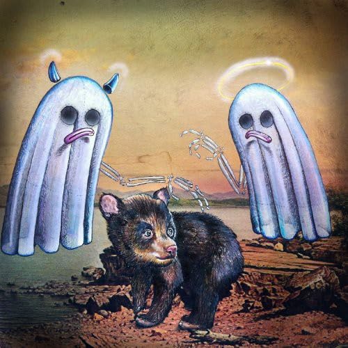 Album cover: two ghosts and a bear cub in a landscape.