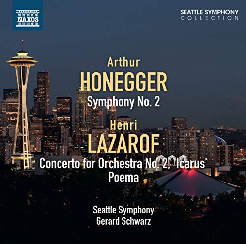 CD cover with Seattle skyline, text listing composers Honegger and Lazarof.
