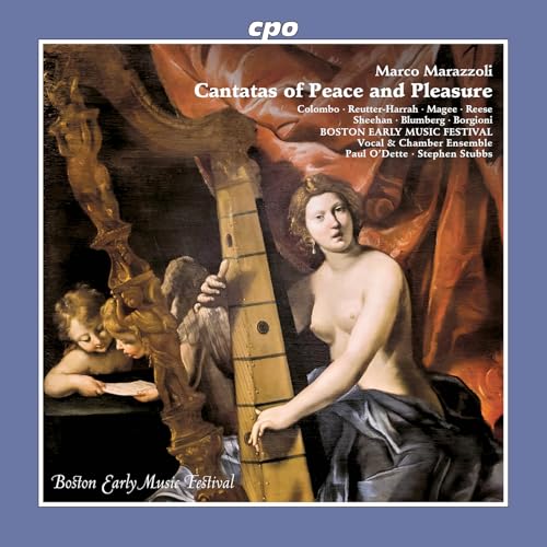 CD cover: woman with harp, cherubs, and red drapery, Baroque style.