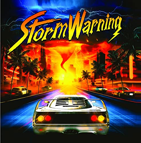 Album cover: red car driving toward a stormy city landscape.
