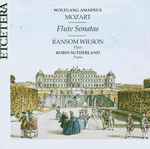 CD cover: Mozart's "Flute Sonatas" with palace illustration and figures.
