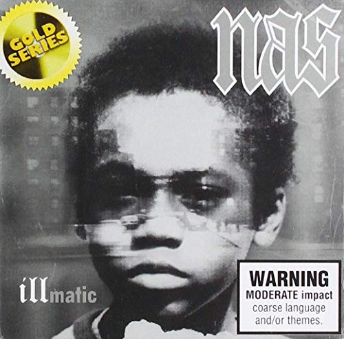 Nas’ “Illmatic” album cover featuring a blurred portrait and gold series badge.