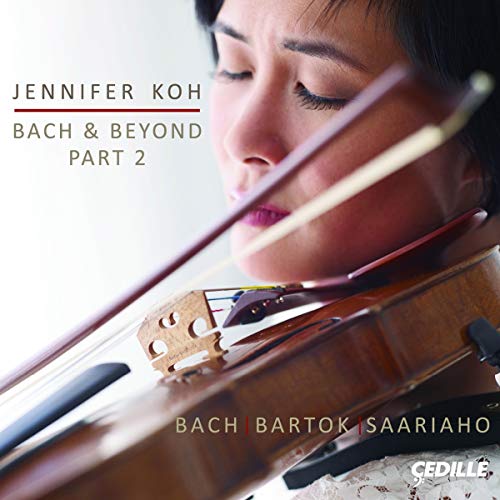 Violinist Jennifer Koh portrait with violin, album title "Bach & Beyond Pt 2".