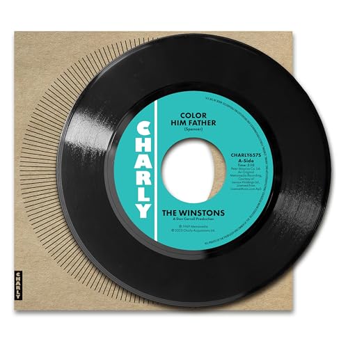 Black vinyl record with turquoise label, titled "Color Him Father" by The Winstons.