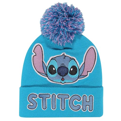 Disney Lilo And Stitch - Embroidered Face Beanie ( Unisex Blue Pom Beanie) One Size