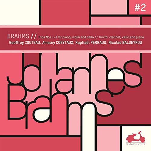 CD cover for Brahms trios featuring abstract red and white design.