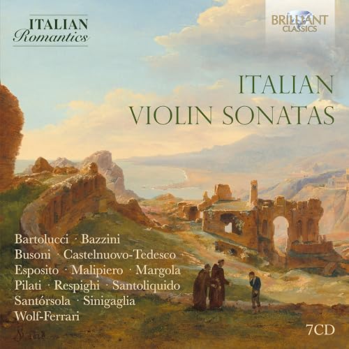 CD cover: Italian Romantic violin sonatas with coastal landscape painting.
