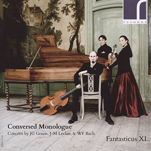 Classical musicians with instruments pose before a harpsichord and painted backdrop.