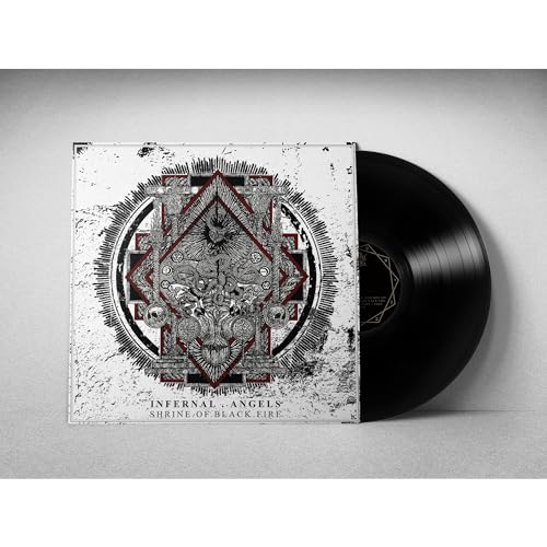 Vinyl record with ornate, dark geometric design on white album cover.