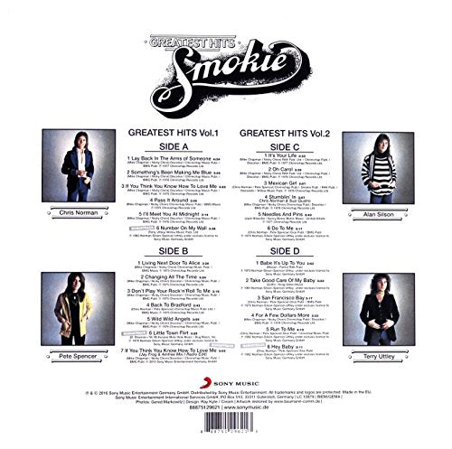 Smokie Greatest Hits vinyl record back cover with band member photos and tracklist.