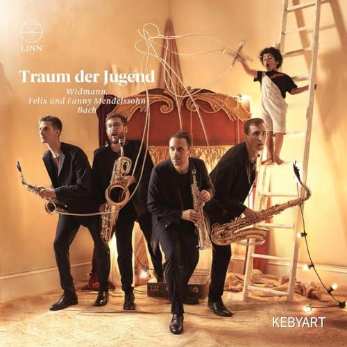 CD cover: four musicians and a child with a string-filled room.